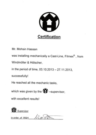Windmoler & Holsher Certificate