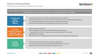 www.netelement.com 11CONFIDENTIAL
• Less mature than the U.S. market in traditional payments acceptance
• More advanced than the U.S. market in alternative payments and mobile payment acceptance
• Few independent payment processors have successfullyentered CIS
• Net Element has already achieved leadership positionsin the market
Underserved,
Highly
Attractive
Market
Attractive
Merchant Portfolio
Dynamics Lead
to Higher Profitability
Strong,
Growing
Footprint
• Higher margin per merchant
• More profitable mobile and alternative payments product offerings
- Premium SMS, WAP-click,in-app purchases, mobile wallets, P2P transfers
• Significantlylower attrition
• Payments-as-a-service offering without the need to switch acquiring bank relationships
• Enormous initial successand continued growth opportunity
• The Company is focused on allocatingadditional attention to the region
• Expanding its Aptito mPOS offering to the region (Q1 2016)
Focus on a Growing Market
Growing CIS business provides foothold in attractive market
Large, relatively untapped market has become a significant focus on Net Element’s strategy, resulting in a triple digit percentage
growth year over year and an achievement of a leadership positions in the region
 
