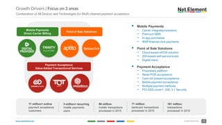 www.netelement.com 12CONFIDENTIAL
Growth Drivers | Focus on 3 areas
Combination of All Devices and Technologies for Multi-channel payment acceptance
Mobile Payments
Direct Carrier Billing
Point of Sale Solutions
Payment Acceptance
Value-Added Transactional Services
GROUP
11 million+ online
payment acceptance
customers
3 million+ recurring
mobile payments
users
90 million
mobile transactions
processed in 2015
71 million
bankcard transactions
processed in 2015
§ Mobile Payments
- Carrier integrated solutions
- Premium SMS
- In-app purchases
- WAP/Internet click payments
§ Point of Sale Solutions
- Cloud-based mPOS solution
- iOS-based self-service kiosk
- Digital menu
§ Payment Acceptance
- Proprietary platform
- Retail POS acceptance
- Card not present acceptance
- Mobile payment acceptance
- Multiple payment methods
- PCI DSS Level 1, SSL 3.1 Security
161 million
transactions
processed in 2015
TRINITY
PLATFORM
 