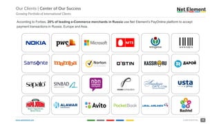 www.netelement.com 18CONFIDENTIAL
Our Clients | Center of Our Success
Growing Portfolio of International Clients
According to Forbes, 20% of leading e-Commerce merchants in Russia use Net Element’s PayOnline platform to accept
payment transactions in Russia, Europe and Asia.
 