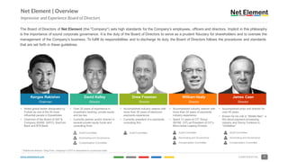 www.netelement.com 7CONFIDENTIAL
Net Element | Overview
Impressive and Experience Board of Directors
The Board of Directors of Net Element (the "Company") sets high standards for the Company's employees, officers and directors. Implicit in this philosophy
is the importance of sound corporate governance. It is the duty of the Board of Directors to serve as a prudent fiduciary for shareholders and to oversee the
management of the Company's business. To fulfill its responsibilities and to discharge its duty, the Board of Directors follows the procedures and standards
that are set forth in these guidelines.
Kenges Rakishev
Chairman
• Noted global leader designated by
Forbes as one of the 50 most
influential people in Kazakhstan
• Chairman of the Board of SAT &
Company (KASE: SATC), KazCom
Bank and BTA Bank
David Kelley
Director
• Over 30 years of experience in
investment banking, private equity
and tax law
• Currently partner and/or director in
several private equity funds and
consulting firms
Drew Freeman
Director
• Accomplished industry veteran with
more than 30 years of electronic
payments experience
• Currently president of a payments
consulting firm
William Healy
Director
• Accomplished industry veteran with
more than 24 years of payments
industry experience
• Spent 13 years at CIT Group
(NYSE: CIT) as President of CIT’s
Micro-ticket Leasing Division
James Caan
Director
• Accomplished actor and director for
over 40 years
• Known for his role in “Middle Men”, a
film about payment processing
industry and Sonny Corleone in
“Godfather”
Audit Committee$
Nominating and Governance$
Compensation Committee$
Audit Committee$ Audit Committee$
Nominating and Governance$
Compensation Committee$
Audit Committee$
Nominating and Governance$
Compensation Committee$
C
C
C
* Additional director: Oleg Firer, company’s CEO is described on a previous slide
 