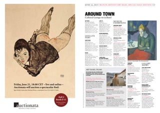 ART BASEL
Messe Basel, Messeplatz
Invite-only VIP previews:
Tuesday, June 11, 11 a.m.–8 p.m.
Wednesday, June 12, 11 a.m.–3 p.m.
Invite-only Vernissage:
Wednesday, June 12 3–8 p.m.
Thursday, June 13, 11 a.m.–7 p.m.
Friday, June 14, 11 a.m.–7 p.m.
Saturday, June 15, 11 a.m.–7 p.m.
Sunday, June 16, 11 a.m.–7 p.m.
SATELLITE
FAIRS
SCOPE BASEL
Uferstrasse 40
Invite-only previews:
Monday, June 10, 1–9 p.m.
Tuesday, June 11, 1–9 p.m.
Wednesday, June 12, 11 a.m.–9 p.m.
Thursday, June 13, 11 a.m.–8 p.m.
Friday, June 14, 11 a.m.–8 p.m.
Saturday, June 15, 11 a.m.–8 p.m.
Sunday, June 16, 11 a.m.–7 p.m.
VOLTA9
Helsinki-Strasse 5
Invite-only preview:
Monday, June 10, 10 a.m.–2 p.m.
Opening Reception: Monday,
June 10, 5–9 p.m.
Monday, June 10, 2–7 p.m.
Tuesday, June 11, 10 a.m.–7 p.m.
Wednesday, June 12, 10 a.m.–7 p.m.
Thursday, June 13, 10 a.m.–7 p.m.
Friday, June 14, 10 a.m.–7 p.m.
Saturday, June 15, 10 a.m.–7 p.m.
LISTE 18
Burgweg 15
Invite-only preview:
Monday, June 10, 12–5 p.m.
Tuesday, June 11, 1–9 p.m.
Wednesday, June 12, 1–9 p.m.
Thursday, June 13, 1–9 p.m.
Friday, June 14, 1–9 p.m.
Saturday, June 15, 1–9 p.m.
Sunday, June 16, 1–6 p.m.
DESIGN MIAMI/BASEL
Hall 1 Süd, Messe Basel
Invite-only preview:
Monday, June 10, 12–6 p.m.
Tuesday, June 11, 11 a.m.–7 p.m.
Wednesday, June 12, 11 a.m.–7 p.m.
Thursday, June 13, 11 a.m.–7 p.m.
Friday, June 14, 11 a.m.–7 p.m.
Saturday, June 15, 11 a.m.–7 p.m.
Sunday, June 16, 11 a.m.–7 p.m.
THE SOLO PROJECT
Brüglingerstrasse 19–21
Invite-only preview:
Wednesday, June 12,10a.m.–12p.m.
Wednesday, June 12, 12–8 p.m.
Thursday, June 13, 10 a.m.–7 p.m.
Friday, June 14, 10 a.m.–7 p.m.
Saturday, June 15, 10 a.m.–7 p.m.
Sunday, June 16, 10 a.m.–5 p.m.
I NEVER READ,
ART BOOK FAIR BASEL
Rebgasse 12–14, Volkshaus Basel
Opening: Thursday, June 13,
6–10 p.m.
Friday, June 14, 2–8 p.m.
Saturday, June 15, 2–8 p.m.
Sunday, June 16, 10 a.m.–4 p.m.
MUSEUM
EXHIBITIONS
KUNSTHAUS ZURICH
Heimplatz 1, Zurich
“The Looser Collection”
A preview of the Hubert Looser
Collection that will be permanent-
ly installed in the Kunsthaus in
2017, this exhibition offers an
almost-complete look at the
collection’s abstract, minimal, and
Arte Povera works.
KUNSTHALLE BASEL
Steinenberg 7
Opening: Wednesday, June 12,
7–10 p.m.
“Paulina Olowska: Pavilionesque”
Polish artist Paulina Olowska’s
first solo exhibition in Switzer-
land features a functional
sculpture that serves as a setting
for performances and the
presentation of newly produced
works like paintings, ceramics,
and sculptures.
SCHAULAGER
Ruchfeldstrasse 19
Steve McQueen
More than 20 videos and film
installations, photographs, and
other selected works by Steve
McQueen will be on view across
two floors of Schaulager,
which has been architecturally
transformed into a “City of
Cinemas” for this exhibition.
FONDATION
BEYELER
Baselstrasse 101
Maurizio Cattelan
An exhibition of new, previously
unexhibited works by the Italian-
born, New York–based artist
and curator Maurizio Cattelan.
KUNSTMUSEUM
BASEL
St. Alban-Graben 16
“The Picassos Are Here!”
Drawn exclusively from Basel
collections, this Picasso
retrospective includes works
never before exhibited in
public and many that have never
been shown together.
KUNSTHAUS
BASELLAND
St. Jakobs-Strasse 170
“Christopher Orr: Light
Shining Darkly”
Christopher Orr’s first exhibition
at Kunsthaus Basselland
presents recent paintings alongside
works created exclusively for
this show.
MUSEUM DER
KULTUREN
Münsterplatz 20
“POPCAP ’13”
POPCAP ’13 at the Museum der
Kulturen is an exhibition of
photographs exploring contempo-
rary ideas about Africa — and
taken on the outskirts of Basel.
GALLERY
SHOWS
LALEH JUNE GALERIE
Picassoplatz 4
Opening: Thursday,
June 13, 5–8 p.m.
“We Are Young”
A group exhibition of young
international artists — Crystel
Ceresa, Lori Hersberger,
Robert Lazzarini, Kelly McCal-
lum, Marc Rembold, and Philippe
Zumstein — who respond to
historic traditions in painting
and sculpture in radically
different ways.
NICOLAS KRUPP
CONTEMPORARY ART
Rosentalstrasse 28
Walter Swennen
A solo exhibition of works by
neo-expressionist Belgian painter
Walter Swennen.
VON BARTHA GARAGE
Kannenfeldplatz 6
Daniel Robert Hunziker
This solo exhibition of works
by Daniel Robert Hunziker, who
is influenced in part by artists
like Donald Judd and Robert
Morris, bridges 20th-century
minimalism and explorations of
contemporary industrial architec-
ture (warehouses, train tracks,
and urban European sprawl are
particular inspirations).
ART BASEL FILMS
All screenings take place at Stadtkino Basel,
Klostergasse 5, Basel. Tickets are available
at film@artbasel.com or the film information desk
at Art Basel.
“Michel Auder – Stories, Myths, Ironies,
and Other Songs: Conceived, Directed, Edited and
Produced by M. Auder”
Wednesday, June 12, 6 p.m.; Friday, June 14, 5:30 p.m.
A series of short films screened in conjunction
with Auder’s exhibition at Kunsthalle Basel,
which presents works from throughout his
career, including a video diary, documen-
tary works, and appropriated commercial
television pieces.
Short Film Program: “Approaching Spaces”
Thursday, June 13, 8 p.m.
Curated by Marc Glöde, this series of experimental
films explores questions of space and architecture.
Screenings are followed by a Q&A with Stephen
Prina and Marc Glöde.
Hassan Khan: “Blind Ambition”
Thursday, June 13, 10 p.m.
Originally commissioned for dOCUMENTA (13),
Hassan Khan’s “Blind Ambition” is a fictional
work shot on two mobile phones in 2012. The
screening is followed by a Q&A with Hassan
Khan and Marc Glöde.
Kader Attia: “Untitled” (Collages)
Friday, June 14, 8 p.m.
Kader Attia’s single-channel video examines
the lives of transsexuals in Algiers and Bombay,
raising questions about the possibility of objec-
tive testimony.
Short Film Program: “Still/Moving”
Friday, June 14, 10 p.m.
This series of short films presents works by
John Stezaker, Michael Snow, and Martin Arnold,
among others. Curated by Marc Glöde, “Still/
Moving” re-examines “still” and “moving”
footage, eliciting new perspectives on historic
works. Screenings are followed by a Q&A with
Martin Arnold and Marc Glöde.
Kader Attia’s “Untitled” (Collages), film still, 2011-2012
AROUND TOWN
Cultural Goings-on in Basel
Pablo Picasso’s “Buveuse d’absinthe,” 1901, at the Kunstmuseum Basel
FROMTOP:MARKGISLER,MÜLLHEIM,©SUCCESSIONPICASSO/PROLITTERIS,ZÜRICH;COURTESYGALERIEKRINZINGERANDTHEARTIST
JUNE 12, 2013 | BLOUIN ARTINFO ART BASEL SPECIAL DAILY EDITION | 13
Friday, June 21, 18:00 CET – live and online –
Auctionata will auction a spectacular ﬁnd:
Egon Schiele’s watercolour Reclining Woman, a masterpiece from 1916. Kallir D. 1824b.
Hall 2
Booth D 11
Preview at Galerie
St. Etienne
 