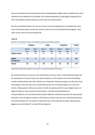 53
ook voor de kwaliteit van de productinformatie. Bij kleding letten digital natives duidelijk meer op de
esthetiek van de website om te oordelen over de betrouwbaarheid, terwijl digital immigrants toch
liever een website verkiezen waarvan ze het merk of de winkel kennen.
Op vlak van familiarity keken we ook naar de keren waar de respondenten vermeldden dat ze het
merk of de winkel kenden zonder dat ze het als reden voor hun betrouwbaarheid aangaven. Deze
cijfers waren uiterst interessant (tabel 18):
Tabel 18
Bewuste en onbewuste impact van familiarity op betrouwbaarheid website
Kleding Boek Computer Totaal
Meest
betr.
Minst
betr.
Meest
betr.
Minst
betr.
Meest
betr.
Minst
betr.
Digital natives 11 10 13 15 10 15 74
Digital
immigrants
14 12 15 15 9 15 80
Totaal 25 22 28 30 19 30 154
Opmerking: Meest betrouwbaar (meest betr.), minst betrouwbaar (minst betr.)
De resultaten hiervan zijn op zijn minst opmerkelijk te noemen. Bij de in totaal 180 beslissingen die
de respondenten moesten maken over welke website ze nu het meest én het minst betrouwbaar
vonden, had familiarity maar liefst 154 keer een onbewuste of bewuste impact. De cijfers bij ‘meest
betrouwbaar’ staan dus voor als ze merk/winkel kennen, bij ‘minst betrouwbaar’ als ze het niet
kennen. Globaal gezien merken we op dat er slechts een gering verschil is tussen digital natives en
digital immigrants. Wat vooral heel opmerkelijk is, is dat bij de boekenwebsites en
computerwebsites, de minst betrouwbare website altijd een onbekende was voor de respondenten.
Bij boeken kozen de digital immigrants zelfs altijd een website waarvan men merk/winkel kende als
meest betrouwbare site. De impact van familiarity was in dit onderzoek dus zeker niet gering. De
gegevens van zowel tabel 17 en tabel 18 bevestigen dit.
 