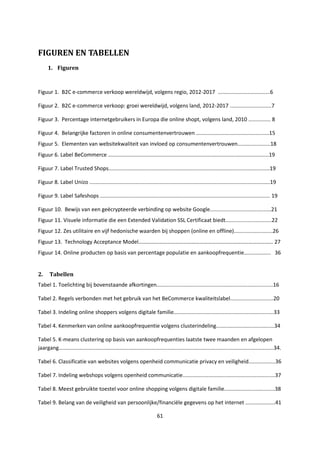 61
FIGUREN EN TABELLEN
1. Figuren
Figuur 1. B2C e-commerce verkoop wereldwijd, volgens regio, 2012-2017 ...................................6
Figuur 2. B2C e-commerce verkoop: groei wereldwijd, volgens land, 2012-2017 ............................7
Figuur 3. Percentage internetgebruikers in Europa die online shopt, volgens land, 2010 ............... 8
Figuur 4. Belangrijke factoren in online consumentenvertrouwen .................................................15
Figuur 5. Elementen van websitekwaliteit van invloed op consumentenvertrouwen......................18
Figuur 6. Label BeCommerce ….........................................................................................................19
Figuur 7. Label Trusted Shops............................................................................................................19
Figuur 8. Label Unizo .........................................................................................................................19
Figuur 9. Label Safeshops .................................................................................................................. 19
Figuur 10. Bewijs van een geëcrypteerde verbinding op website Google.........................................21
Figuur 11. Visuele informatie die een Extended Validation SSL Certificaat biedt...............................22
Figuur 12. Zes utilitaire en vijf hedonische waarden bij shoppen (online en offline)..........................26
Figuur 13. Technology Acceptance Model……………………………………………………………………………………… 27
Figuur 14. Online producten op basis van percentage populatie en aankoopfrequentie.................. 36
2. Tabellen
Tabel 1. Toelichting bij bovenstaande afkortingen..............................................................................16
Tabel 2. Regels verbonden met het gebruik van het BeCommerce kwaliteitslabel.............................20
Tabel 3. Indeling online shoppers volgens digitale familie...................................................................33
Tabel 4. Kenmerken van online aankoopfrequentie volgens clusterindeling.......................................34
Tabel 5. K-means clustering op basis van aankoopfrequenties laatste twee maanden en afgelopen
jaargang................................................................................................................................................34.
Tabel 6. Classificatie van websites volgens openheid communicatie privacy en veiligheid..................36
Tabel 7. Indeling webshops volgens openheid communicatie..............................................................37
Tabel 8. Meest gebruikte toestel voor online shopping volgens digitale familie..................................38
Tabel 9. Belang van de veiligheid van persoonlijke/financiële gegevens op het internet ....................41
 