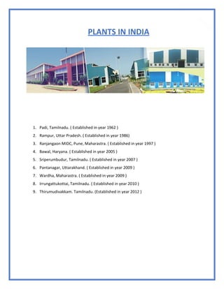 21
PLANTS IN INDIA
1. Padi, Tamilnadu. ( Established in year 1962 )
2. Rampur, Uttar Pradesh. ( Established in year 1986)
3. Ranjangaon MIDC, Pune, Maharastra. ( Established in year 1997 )
4. Bawal, Haryana. ( Established in year 2005 )
5. Sriperumbudur, Tamilnadu. ( Established in year 2007 )
6. Pantanagar, Uttarakhand. ( Established in year 2009 )
7. Wardha, Maharastra. ( Established in year 2009 )
8. Irrungattukottai, Tamilnadu. ( Established in year 2010 )
9. Thirumudivakkam. Tamilnadu. (Established in year 2012 )
 