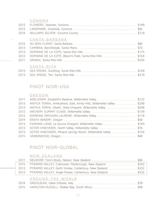 S O N O M A
2012	 FLOWERS, Seaview, Sonoma ......................................................................................	$188
2013	 LANDMARK, Overlook, Sonoma .................................................................................	$82
2014	 WILLIAMS SELYEM, Sonoma County ..........................................................................	$218
	
	 S A N T A B A R B A R A 	
2014	 AU BON CLIMAT, Santa Barbara ..................................................................................	$66
2013	 CAMBRIA, Benchbreak, Santa Maria ............................................................................ 	$72
2013	 DOMAINE DE LA COTE, Santa Rita Hills .....................................................................	$115
2012	 DOMAINE DE LA COTE, Bloom’s Field, Santa Rita Hills ............................................	$164
2011	 SANDHI, Santa Rita Hills ................................................................................................	$104
	 S A N TA R I TA
2013	 SEA SMOKE, Southing, Santa Rita Hills .......................................................................	$168
2013	 SEA SMOKE, Ten, Santa Rita Hills ................................................................................	$218
		
	
	 PINOT NOIR-USA
	
	 O R E G O N 	
2011	 ADELSHEIM, Elizabeth’s Reserve, Willamette Valley ...................................................	$132
2013	 ANTICA TERRA, Antikythera, Eola, Amity Hills, Willamette Valley ...........................	$298
2013	 ANTICA TERRA, Obelin, Shea Vineyard, Willamette Valley .......................................	$248
2012	 ARCHERY SUMMIT CUVEE, Willamette Valley ...........................................................	$138
2012	 DOMAINE DROUHIN LAURENE, Willamette Valley ...................................................	$118
2014	 ERATH WINERY, Oregon ...............................................................................................	$58
2013	 EVENING LAND, La Source Vineyard, Willamette Valley ...........................................	$184
2013	 SOTER VINEYARDS, North Valley, Willamette Valley .................................................	$76
2013	 SOTER VINEYARDS, Mineral Springs Ranch, Willamette Valley .................................	$126
2015	 UNDERWOOD, Oregon ..................................................................................................	$44
	
	 PINOT NOIR-GLOBAL
	
	 N E W Z E A L A N D
2011	 NEUDORF, Tom’s Block, Nelson, New Zealand ...........................................................	$84
2015	 PYRAMID VALLEY, Calorossie, Marlborough, New Zealand .......................................	$160
2013	 PYRAMID VALLEY, Earth Smoke, Canterbury, New Zealand .....................................	$232
2013	 PYRAMID VALLEY, Angel Flower, Canterbury, New Zealand ....................................	$232		
	 A R O U N D T H E W O R L D
2014	 GROSSJEAN, Valee D’Aoste, Italy .................................................................................	$78
2015	 HAMILTON RUSSELL, Walker Bay, South Africa .........................................................	$98
19
 
