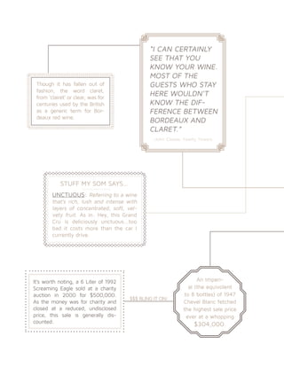 “I CAN CERTAINLY
SEE THAT YOU
KNOW YOUR WINE.
MOST OF THE
GUESTS WHO STAY
HERE WOULDN'T
KNOW THE DIF-
FERENCE BETWEEN
BORDEAUX AND
CLARET.”
-John Cleese, Fawlty Towers
Though it has fallen out of
fashion, the word claret,
from ‘clairet’ or clear, was for
centuries used by the British
as a generic term for Bor-
deaux red wine.
An Imperi-
al (the equivolent
to 8 bottles) of 1947
Chevel Blanc fetched
the highest sale price
ever at a whopping
$304,000.
It’s worth noting, a 6 Liter of 1992
Screaming Eagle sold at a charity
auction in 2000 for $500,000.
As the money was for charity and
closed at a reduced, undisclosed
price, this sale is generally dis-
counted.
$$$ BLING IT ON!
STUFF MY SOM SAYS...
UNCTUOUS: Referring to a wine
that’s rich, lush and intense with
layers of concentrated, soft, vel-
vety fruit. As in: Hey, this Grand
Cru is deliciously unctuous...too
bad it costs more than the car I
currently drive.
 
