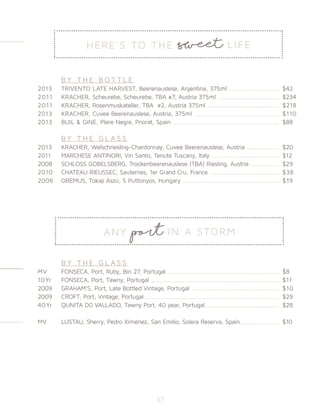 B Y T H E B O T T L E 	
2013	 TRIVENTO LATE HARVEST, Beerenauslese, Argentina, 375ml ................................	$42
2011	 KRACHER, Scheurebe, Scheurebe, TBA #7, Austria 375ml .......................................	$234
2011	 KRACHER, Rosenmuskateller, TBA #2, Austria 375ml .............................................	$218
2013	 KRACHER, Cuvee Beerenauslese, Austria, 375ml ......................................................	$110
2013	 BUIL & GINE, Plere Negre, Priorat, Spain ...................................................................	$88
	 B Y T H E G L A S S 	
2013	 KRACHER, Welschriesling-Chardonnay, Cuvee Beerenauslese, Austria ....................	$20
2011	 MARCHESE ANTINORI, Vin Santo, Tenute Tuscany, Italy ...........................................	$12
2008	 SCHLOSS GOBELSBERG, Trockenbeerenauslese (TBA) Riesling, Austria ..................	$29
2010	 CHATEAU RIEUSSEC, Sauternes, 1er Grand Cru, France ............................................	$38
2006	 OREMUS, Tokaji Aszú, 5 Puttonyos, Hungary .............................................................	$19
	
	 B Y T H E G L A S S 	
MV	 FONSECA, Port, Ruby, Bin 27, Portugal .......................................................................	$8
10Yr	 FONSECA, Port, Tawny, Portugal .................................................................................	$11
2009	 GRAHAM’S, Port, Late Bottled Vintage, Portugal ........................................................	$10
2009	 CROFT, Port, Vintage, Portugal .....................................................................................	$29
40Yr	 QUNITA D0 VALLADO, Tawny Port, 40 year, Portugal...............................................	$28
MV	 LUSTAU, Sherry, Pedro Ximénez, San Emilio, Solera Reserva, Spain.........................	$10
HERE’S TO THE SWEET LIFE
37
ANY port IN A STORM
 