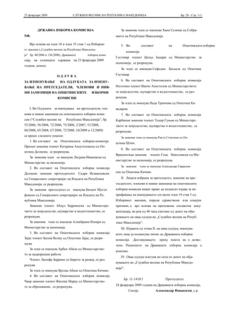 25 февруари 2009                   СЛУЖБЕН ВЕСНИК НА РЕПУБЛИКА МАКЕДОНИЈА                                   Бр. 28 - Стр. 111



         ДРЖАВНА ИЗБОРНА КОМИСИЈА                              За заменик член се именува Хаки Селими од Собра-
548.                                                        нието на Република Македонија.

   Врз основа на член 18 и член 35 став 1 од Изборни-          5. Во            составот            на        Општинската изборна
от законик („Службен весник на Република Македони-
                                                                     комисија
ја” бр. 40/2006 и 136/2008), Државната      изборна коми-
                                                            Гостивар членот Џехад Јашари од Министерство за
сија, на седницата одржана на 23 февруари 2009
                                                            економија, се разрешува.
година, донесе
                                                               За член се именува Сефедин           Биљали од Општина

                        ОДЛУКА                              Гостивар.

ЗА ИЗМЕНУВАЊЕ             НА ОДЛУКАТА ЗА ИМЕНУ-                6. Во составот на Општинската изборна комисија

ВАЊЕ НА ПРЕТСЕДАТЕЛИ, ЧЛЕНОВИ И НИВ-                        Неготино членот Ванчо Апостолов од Министерството
НИ ЗАМЕНИЦИ НА ОПШТИНСКИТЕ                     ИЗБОРНИ      за земјоделство, шумарство и водостопанство, се раз-
                        КОМИСИИ                             решува.
                                                               За член се именува Нада Тренчева од Општина Ка-
   I. Во Одлуката за именување на претседатели, чле-        вадарци.
нови и нивни заменици на општинските изборни коми-             7. Во составот на Општинската изборна комисија
сии (“Службен весник на       Република Македонија”, бр.    Карбинци заменик членот Тодор Гуњов од Министерс-
55/2006, 58/2006, 72/2006, 75/2006, 2/2007, 53/2008,        твото за земјоделство, шумарство и водостопанство, се
60/2008, 65/2008, 67/2008, 72/2008, 10/2009 и 12/2009)      разрешува.
се вршат следните измени:                                      За заменик член се именува Ристо Стоилков од Оп-
   1. Во составот    на Општинската изборна комисија
                                                            штина Штип.
Прилеп заменик членот Катерина Апостоловска од Оп-
                                                               8. Во составот на Општинската изборна комисија
штина Долнени, се разрешува.
                                                            Вранештица заменик         членот Гоце Николовски од Ми-
   За заменик член се именува Лилјана Ивановска од
                                                            нистерство за економија, се разрешува.
Министерство за економија.
                                                               За заменик       член се именува Александар Гаврилов-
   2. Во составот на Општинската изборна комисија
Долнени заменик претседателот Садри Исмаиловски             ски од Општина Кичево.

од Генералниот секретаријат на Владата на Република            II. Лицата избрани за претседател, заменик на пре-
Македонија, се разрешува.                                   тседателот, членови и нивни заменици на општинските
   За заменик претседател се именува Билент Муста-          изборни комисии имаат право да поднесат изјава за не-
фовски од Генералниот секретаријат на Владата на Ре-        прифаќање на именувањето согласно член 18 став 3 од
публика Македонија.                                         Изборниот законик, поради здравствени или семејни
   Заменик членот Абдул Бајрамоски од Министерс-            причини, а врз основа на приложена соодветна доку-
твото за земјоделство, шумарство и водостопанство, се       ментација, во рок од 48 часа сметано од денот на обја-
разрешува.                                                  вувањето на оваа одлука во „Службен весник на Репуб-
   За заменик член се именува Алиибраим Изеири од           лика Македонија“.
Министерство за економија.                                     III. Изјавата од точка II. на оваа одлука, именува-
   3. Во составот на Општинската изборна комисија           ното лице ја поднесува лично до Државната изборна
Зајас членот Бесим Велиу од Општина Зајас, се разре-        комисија.    Доставувањето       преку пошта не е дозво-
шува.                                                       лено. Решението на Државната изборна комисија е
   За член се именува Арбен Абази од Министерство-
                                                            конечно.
то за надворешни работи.
                                                               IV. Оваа одлука влегува во сила со денот на oбја-
   Членот Љатифе Бајрами од Бирото за развој, се раз-
                                                            вувањето во „Службен весник на Република Македо-
решува
                                                            нија”.
   За член се именува Вјолца Абази од Општина Кичево.
   4. Во составот на Општинската изборна комисија
                                                                 Бр. 11-1410/1                    Претседател
Чаир заменик членот Фисник Марку од Министерство-
                                                            24 февруари 2009 година на Државната изборна комисија,
то за образование, се разрешува.
                                                                       Скопје              Александар Новакоски, с.р.
 
