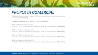 O patrocinador terá menção e slogan (5”) em toda mídia veiculada na rádio para divulgação
do 6º Festival NOVABRASIL.
Período de divulgação: Início: 18/05/15 - Término: 29/08/15.
Mídia em Maio (menção/slogan 5”):
De 18/05 a 31/05: 10 chamadas do show por dia, das 6h às 22h, totalizando: 140 inserções.
Mídia em Junho (menção/slogan 5”):
De 01/06 a 30/06: 10 chamadas do show por dia, das 6h às 22h, totalizando: 300 inserções.
Mídia em Julho (menção/slogan 5”):
De 01/07 a 31/07: 10 chamadas do show por dia, das 6h às 22h, totalizando: 310 inserções.
Mídia em Agosto (menção/slogan 5”):
De 01/08 a 29/08: 10 chamadas do show por dia, das 6h às 22h, totalizando: 290 inserções.
PROPOSTA COMERCIAL
 