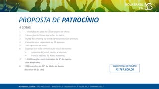 4 COTAS
1. 7 Inserções de spots no CD de espera do show;
2. 5 inserções de filmes nos telões do palco;
3. Ações de Sampling ou Stand para exposição de produto;
4. Camarote com capacidade de 16 pessoas;
5. 100 ingressos de pista;
6. Logotipo em toda comunicação visual do evento:
• Anúncios de jornal, revista e internet;
• Painéis internos na Arena Anhembi;
7. 1.040 Inserções com chamadas de 5’’ do evento
8. 200 Inserções de 30” de Mídia de Apoio
(Rotativo 6h às 19h)
PROPOSTA DE PATROCÍNIO
VALOR TOTAL DO PROJETO
R$ 787.800,00
(50% bonificadas)
 