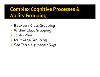 Between-ClassGrouping
Within-ClassGrouping
Joplin Plan
Multi-AgeGroupingMulti-AgeGrouping
SeeTable 2.5, page 46-47
 