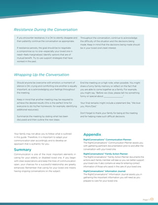 Page 7
Resistance During the Conversation
Wrapping Up the Conversation
If you encounter resistance, it is OK to silently disagree and
then patiently continue the conversation as appropriate.
If resistance persists, the goal should be to negotiate
a compromise so no one—especially your loved one in
need—feels marginalized. Identify options that are of
mutual benefit. Try to use support strategies that have
worked in the past.
Should anyone be overcome with emotion, a moment of
silence is OK; crying and comforting one another is equally
important, as is acknowledging your feelings throughout
the meeting.
Keep in mind that another meeting may be required to
achieve the desired results (this is the perfect time for
everyone to do his/her homework, for example, identifying
additional resources).
Summarize the meeting by stating what has been
discussed and then outline the next steps.
Throughout the conversation, continue to acknowledge
the difficulty of the situation and the decisions being
made. Keep in mind that the decisions being made should
be in your loved one’s best interest.
End the meeting on a high note, when possible. You might
share a funny family memory or reflect on the fact that
you are able to come together as a family. For example,
you might say, “Before we close, please tell me something
funny or special about _______________.”
Your final remarks might include a statement like, “We love
you, Mom/Dad.”
Don’t forget to thank your family for being at the meeting
and for helping make such difficult decisions.
Your family may not allow you to follow what is outlined
in this guide. Therefore, it is important to adapt your
communication plan accordingly and to develop an
approach that is authentic for you.
Summary
Communication is one of the most important elements in
caring for your elderly or disabled loved one. If you begin
with clear expectations and keep the lines of communication
open, your chances for a successful relationship are greatly
enhanced. Remember that caring for your loved one means
having ongoing conversations on the subject.
Appendix
RightConversationsSM
Communication Planner:
The RightConversationsSM
Communication Planner assists you
with gathering pertinent documentation prior to and after the
conversation with your loved one.
RightConversationsSM
Family Action Planner:
The RightConversationsSM
Family Action Planner documents the
actions each family member will take so you can better support
your loved one. It also contains an area for entering contact
information of those who assist in the care of your loved one.
RightConversationsSM
Information Journal:
The RightConversationsSM
Information Journal assists you in
gathering the important information you will need as you
prepare to care for your loved one.
 