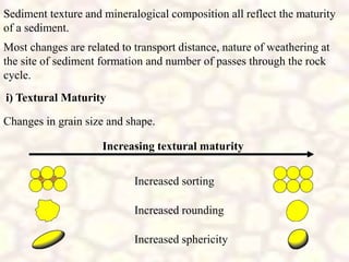 Sediment texture and mineralogical composition all reflect the maturity
of a sediment.
Most changes are related to transport distance, nature of weathering at
the site of sediment formation and number of passes through the rock
cycle.
i) Textural Maturity
Changes in grain size and shape.
Increasing textural maturity
Increased sorting
Increased sphericity
Increased rounding
 