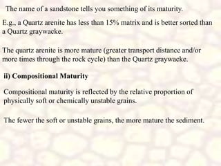 The name of a sandstone tells you something of its maturity.
E.g., a Quartz arenite has less than 15% matrix and is better sorted than
a Quartz graywacke.
The quartz arenite is more mature (greater transport distance and/or
more times through the rock cycle) than the Quartz graywacke.
ii) Compositional Maturity
Compositional maturity is reflected by the relative proportion of
physically soft or chemically unstable grains.
The fewer the soft or unstable grains, the more mature the sediment.
 