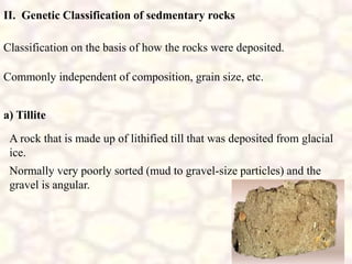 II. Genetic Classification of sedmentary rocks
Classification on the basis of how the rocks were deposited.
Commonly independent of composition, grain size, etc.
a) Tillite
A rock that is made up of lithified till that was deposited from glacial
ice.
Normally very poorly sorted (mud to gravel-size particles) and the
gravel is angular.
 