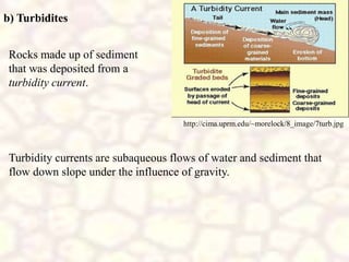 b) Turbidites
Rocks made up of sediment
that was deposited from a
turbidity current.
http://cima.uprm.edu/~morelock/8_image/7turb.jpg
Turbidity currents are subaqueous flows of water and sediment that
flow down slope under the influence of gravity.
 