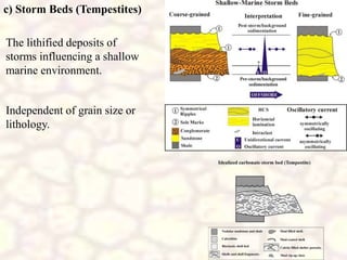 c) Storm Beds (Tempestites)
The lithified deposits of
storms influencing a shallow
marine environment.
Independent of grain size or
lithology.
 