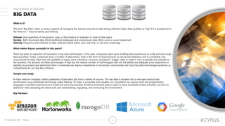 © Copyright 2015 – Keyrus 3
BIG DATA
Keyrus Areas of Specialty
What is it?
The term “Big Data” refers to various aspects of managing the massive amounts of data being collected today. Data qualifies as “big” if it is exceptional in
the three V’s – Volume Variety and Velocity
Volume: Vast quantities of transactions, logs, or files totaling in terabytes or more of disk space
Variety: Both structured data (think traditional databases) and unstructured data (think voice or social media text)
Velocity: Frequency and methods of data collection (think batch, near-real time, or real time streaming)
What makes Keyrus successful in this space?
There has been an explosion of innovation in big data technologies. In the past, companies spent years building data warehouses to unify and store large
data quantities. Today, companies have a number of alternatives, both in the form of improvements on structured databases and in completely new
unstructured formats. New tools are available to ingest, store, transform, structure, and govern “bigger” data to make it most accessible and valuable to
the business. The demand for these technologies is high but the relative number of technologists with the full skillset and adequate prior experience to
expertly recommend and administer them is extremely low. Keyrus’s experience in structured, unstructured, and cloud big data technologies positions us
competitively for any big data initiative.
Sample case study:
A major telecom company collects petabytes of data each day from a variety of sources. The raw data is dumped into a new age unstructured
environment using distributed technology called Hadoop. To make it accessible and valuable, our consultants use various tools and programming
languages to partition and structure it inside the same environment. As the environment grew in value to serve hundreds of data scientists, we took on
additional roles evaluating the latest tools and standardizing, regulating, and monitoring the environment.
Key Partners:
 