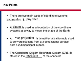Key Points
• There are two main types of coordinate systems:
__________ & __________
• A ______ is used as a foundation of the coordinate
systems as a way to model the shape of the Earth
• A ________________is a mathematical formula used
to convert locations from a 3 dimensional surface
onto a 2 dimensional surface
• The Coordinate System Reference System (CRS) is
stored in the ___________ of the shapefile
geographic projected
datum
Map projection
metadata
 