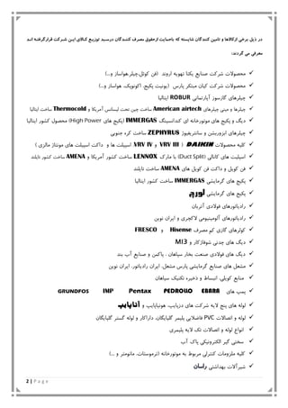 2 | P a g e
‫که‬ ‫شایسته‬ ‫کىىدگان‬ ‫تامیه‬ ‫ي‬ ‫ازکاالها‬ ‫برخی‬ ‫ذیل‬ ‫در‬‫شدر‬ ‫ایده‬ ‫کداالن‬ ‫تًزیدا‬ ‫د‬ ‫دربد‬ ‫کىىددگان‬ ‫مصرف‬ ‫ازحقًق‬ ‫باحمایت‬‫اودد‬ ‫قرارگرفتده‬ ‫کت‬
‫گردود‬ ‫می‬ ‫معرفی‬:
‫محصًالت‬‫شرکت‬‫صىایع‬‫یکتا‬ٍ‫تًُی‬‫اريوذ‬(‫فه‬‫کًئل،چیلر،ًَاساز‬‫ي‬)...
‫پارس‬ ‫مبتکر‬ ‫کیان‬ ‫شرکت‬ ‫محصًالت‬)...‫ي‬ ‫ًَاساز‬ ،‫اکًوًپک‬ ،‫پکیج‬ ‫(یًویت‬
‫چیلرَای‬‫گازسًز‬‫آپارتماوی‬ROBUR‫ایتالیا‬
‫چ‬‫ي‬ ‫یلرَا‬‫میىی‬‫چیلرَای‬American airtech‫ي‬ ‫آمریکا‬ ‫لیساوس‬ ‫تحت‬ ‫چیه‬ ‫ساخت‬Thermocold‫ایتالیا‬ ‫ساخت‬
‫ي‬ ‫دیگ‬‫کىذاوسیىگ‬ ‫ای‬ ٍ‫مًتًرخاو‬ ‫َای‬ ‫پکیج‬IMMERGAS‫َای‬ ‫(پکیج‬High Power‫ایتالیا‬ ‫کشًر‬ ‫محصًل‬ )
‫چیلرَا‬‫ساوتریفیًش‬ ‫ي‬ ‫ابسيربشه‬ ‫ی‬ZEPHYRUS‫جىًبی‬ ٌ‫کر‬ ‫ساخت‬
‫محصًالت‬ ٍ‫کلی‬DAIKIN(VRV III‫ي‬VRV IV‫ي‬ ‫َا‬ ‫اسپیلت‬ ،‫مالسی‬ ‫مًوتاش‬ ‫َای‬ ‫اسپیلت‬ ‫داکت‬)
( ‫کاوالی‬ ‫َای‬ ‫اسپلیت‬Duct Split‫مارک‬ ‫با‬ )LENNOX‫ي‬ ‫آمریکا‬ ‫کشًر‬ ‫ساخت‬AMENA‫تایلىذ‬ ‫کشًر‬ ‫ساخت‬
‫َای‬ ‫کًیل‬ ‫فه‬ ‫داکت‬ ‫ي‬ ‫کًیل‬ ‫فه‬AMENA‫تایلىذ‬ ‫ساخت‬
‫پکیج‬‫َای‬‫گرمایشی‬IMMERGAS‫ایتالیا‬ ‫کشًر‬ ‫ساخت‬
‫پکیج‬‫َای‬‫گرمایشی‬‫لورچ‬
‫رادیاتًرَای‬‫فًالدی‬‫آتربان‬
‫رادیاتًرَای‬‫آلًمیىیًمی‬‫الکچری‬‫ي‬‫وًیه‬ ‫ایران‬
‫کًلرَای‬‫گازی‬‫مصرف‬ ‫کم‬Hisense‫ي‬FRESCO
‫دیگ‬‫َای‬‫چذوی‬‫شًفاشکار‬‫ي‬MI3
‫سپاَان‬ ‫بخار‬ ‫صىعت‬ ‫فًالدی‬ ‫َای‬ ‫دیگ‬،‫پاک‬‫م‬‫ه‬‫بىذ‬ ‫آب‬ ‫صىایع‬ ‫ي‬
‫مشعل‬‫َای‬‫صىایع‬‫گرمایشی‬‫پارس‬،‫مشعل‬‫ایران‬‫رادیاتًر‬،‫ایر‬‫وًیه‬ ‫ان‬
‫مىابع‬‫اوبساط‬ ،‫کًیلی‬‫ي‬ٌ‫رخیر‬‫تکىیک‬‫سپاَان‬
‫پمپ‬‫َای‬EBARAPEDROLLOPentaxIMPGRUNDFOS
ٍ‫لًل‬‫َای‬‫پىج‬،‫دزپایپ‬ ‫َای‬ ‫شرکت‬ ٍ‫الی‬‫ي‬ ‫ًَویاپایپ‬‫آ‬‫تاپایپ‬
‫اتصاالت‬ ‫ي‬ ٍ‫لًل‬PVC‫گلپایگان‬ ‫پلیمر‬ ‫فاضالبی‬،‫ي‬ ‫داراکار‬‫گلپایگان‬ ‫گستر‬ ٍ‫لًل‬
‫اوًاع‬‫پلیمری‬ ٍ‫الی‬ ‫تک‬ ‫اتصاالت‬ ‫ي‬ ٍ‫لًل‬
‫آب‬ ‫پاک‬ ‫الکتريویکی‬ ‫گیر‬ ‫سختی‬
)... ‫ي‬ ‫ماوًمتر‬ ،‫(ترمًستات‬ ٍ‫مًتًرخاو‬ ٍ‫ب‬ ‫مربًط‬ ‫کىترلی‬ ‫ملسيمات‬ ٍ‫کلی‬
‫بُذاشتی‬ ‫شیرآالت‬
 