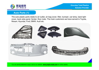 One-stop Total Plastics
Solution Provider
You are warmly welcome to pay a visit to our website www.jingfu-mold.com for further details.
The auto plastic parts relate to air outlet, air bag cover, filter, bumper, car lamp, back light
cover, back side panel, fender, floor mats. The main customers we have served is Toyota,
Nissan, Hyundai, Ford, BMW, Audi etc.
Auto Parts (1)
 