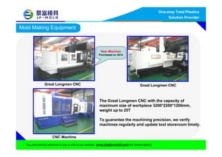 One-stop Total Plastics
Solution Provider
You are warmly welcome to pay a visit to our website www.jingfu-mold.com for further details.
The Great Longmen CNC with the capacity of
maximum size of workpiece 3200*2200*1200mm,
weight up to 25T
To guarantee the machining precision, we verify
machines regularly and update tool storeroom timely.
Great Longmen CNC
CNC Machine
Mold Making Equipment
Great Longmen CNC
New Machine
Purchased on 2014
 