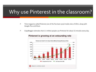 Why use Pinterest in the classroom?
       Time magazine called Pinterest one of the five best social media sites of 2011, along with
        Google-Plus and Klout.

       CopyBlogger estimates that 1.5 million people use Pinterest for about 15 minutes every day.
 