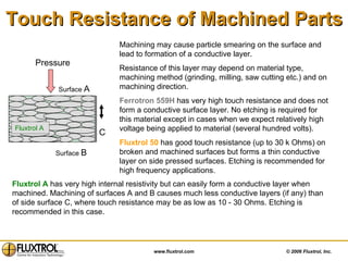 Touch Resistance of Machined Parts Machining may cause particle smearing on the surface and lead to formation of a conductive layer.  Resistance of this layer may depend on material type, machining method (grinding, milling, saw cutting etc.) and on machining direction. Ferrotron 559H  has very high touch resistance and does not form a conductive surface layer. No etching is required for this material except in cases when we expect relatively high voltage being applied to material (several hundred volts). Fluxtrol 50  has good touch resistance (up to 30 k Ohms) on broken and machined surfaces but forms a thin conductive layer on side pressed surfaces. Etching is recommended for high frequency applications.  Fluxtrol A  has very high internal resistivity but can easily form a conductive layer when machined. Machining of surfaces A and B causes much less conductive layers (if any) than of side surface C, where touch resistance may be as low as 10 - 30 Ohms. Etching is recommended in this case. Pressure Surface  A C Fluxtrol A Surface  B 