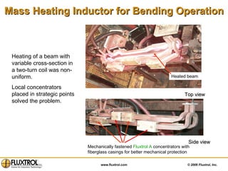 Mass Heating Inductor for Bending Operation Mechanically fastened  Fluxtrol A  concentrators with fiberglass casings for better mechanical protection  Side view Top view Heated beam Heating of a beam with variable cross-section in a two-turn coil was non-uniform. Local concentrators placed in strategic points solved the problem. 
