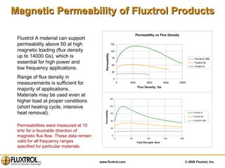 Magnetic Permeability of Fluxtrol Products Fluxtrol A material can support permeability above 50 at high magnetic loading (flux density up to 14000 Gs), which is essential for high power and low frequency applications.  Range of flux density in measurements is sufficient for majority of applications. Materials may be used even at higher load at proper conditions (short heating cycle, intensive heat removal). Permeabilities were measured at 10 kHz for a favorable direction of magnetic flux flow. These data remain valid for all frequency ranges specified for particular materials.   