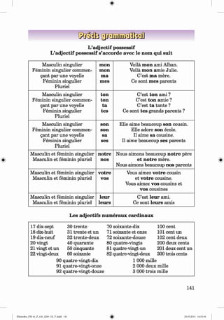 <§>
L’adjectif possessif
L’adjectif possessif s’accorde avec le nom qui suit
Masculin singulier
Feminin singulier commen-
gant par une voyelle
Feminin singulier
Pluriel
mon
mon
ma
m es
Voila mon ami Alban.
Voila mon amie Julie.
C’est ma mere.
Ce sont m es parents
Masculin singulier ton C’est ton ami ?
Feminin singulier commen- ton C’est ton amie ?
gant par une voyelle ta C’est ta tante ?
Feminin singulier tes Ce sont tes grands parents ?
Pluriel
Masculin singulier son Elle aime beaucoup son cousin.
Feminin singulier commen- son Elle adore son ecole.
gant par une voyelle sa 11aime sa cousine.
Feminin singulier ses 11aime beaucoup ses parents
Pluriel
Masculin et feminin singulier notre Nous aimons beaucoup notre pere
Masculin et feminin pluriel nos et notre mere.
Nous aimons beaucoup nos parents
Masculin et feminin singulier votre Vous aimez votre cousin
Masculin et feminin pluriel VOS et votre cousine.
Vous aimez vos cousins et
vos cousines
Masculin et feminin singulier leur C’est leur ami.
Masculin et feminin pluriel leurs Ce sont leurs amis
Les adjectifs numeraux cardinaux
17 dix-sept 30 trente 70 soixante-dix 100 cent
18 dix-huit 31 trente et un 71 soixante et onze 101 cent un
19 dix-neuf 32 trente-deux 72 soixante-douze 102 cent deux
20 vingt 40 quarante 80 quatre-vingts 200 deux cents
21 vingt et un 50 cinquante 81 quatre-vingt-un 201 deux cent un
22 vingt-deux 60 soixante 82 quatre-vingt-deux 300 trois cents
90 quatre-vingt-dix 1 000 mille
91 quatre-vingt-onze 2 000 deux mille
92 quatre-vingt-douze 3 000 trois mille
141
Klimenko_FM-6r_P_6.fr_(208-13)_V.indd 141 29.05.2014 16:19:36
 