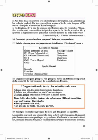 ф
 щ ш
3. Aux Pays-Bas, on apprend tres tot les langues etrangeres. Au Luxembourg,
les enfants parlent des leurs premieres annees d’ecole trois langues diffe­
rentes : frangais, allemand et luxembourgeois.
4. En Belgique, il y a peu de sciences et d’histoire-geo. En revanche, l’educa-
tion routiere est une matiere obligatoire ä partir de l’ecole primaire. On y
apprend la signification des panneaux et les rudiments du code de la route.
D’apres Landry K, «L ’ecole a tracers le monde ».
16. Comment ca marche dans ton pays ? Fais une comparaison.
17. Fais le tableau pour ton pays comme le tableau « L’ecole en France ».
L’ecole en France
*
E cole prim aire (5 ans) C ollege (4 ans)
CP (Cours Preparatoire) Sixieme
CE 1 (Cours Elementaire) Cinquieme
CE 2 Quatrieme
CM 1 (Cours Moyen)
СМ2
Troisieme
Lycee (3 ans)
Seconde
Premiere
Terminal (Baccalaureat)
18. Organise quelques groupes. Par groupes, faites un tableau comparatif
de la scolarite de votre pays et de la scolarite en France.
L’o rgan isation du tex te : le s su b stitu te du nom
Alban a onze ans. Ses amis le surnomme l’acrobate.
Ilhabite une jolie maison au pied d’une montagne.
Ce jeune garcon pratique le football et la course a pied.
Pour eviter de repeter toujours le тёте пот (Alban), on utilise:
• un autre nom : Vacrobate ;
• deux pronom s: le et i l ;
• un groupe de m ots: cejeune gargon.
19. Souligne les mots ou groupes de mots qui designent les sportifs.
Les sportifs courent a une vitesse folle dans la foret entre les sapins. Ils passent
pres de nous, comme emportes par un grand vent. Ces fous de la course s’arretent
net, mouilles de sueur. Un jour je voudrais bien participer a une course avec eux.
79
Klimenko_FM-6r_P_6.fr_(208-13)_V.indd 79 29.05.2014 16:19:18
 