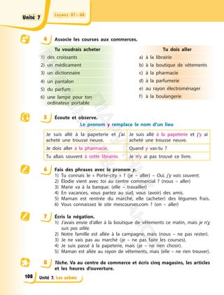 Leçons 87—88
Leçons 87—88
Unité 7. Les achats
4 Associe les courses aux commerces.
Tu voudrais acheter
1) des croissants
2) un médicament
3) un dictionnaire
4) un pantalon
5) du parfum
6) une lampe pour ton
ordinateur portable
Tu dois aller
a) à la librairie
b) à la boutique de vêtements
c) à la pharmacie
d) à la parfumerie
e) au rayon électroménager
f) à la boulangerie
5 Écoute et observe.
Le pronom y remplace le nom d’un lieu
Je suis allé à la papeterie et j’ai
acheté une trousse neuve.
Je suis allé à la papeterie et j’y ai
acheté une trousse neuve.
Je dois aller à la pharmacie. Quand y vas-tu ?
Tu allais souvent à cette librairie. Je n’y ai pas trouvé ce livre.
6 Fais des phrases avec le pronom y.
1) Tu connais le « Porte-city » ? (je – aller) – Oui, j’y vais souvent.
2) Élodie vient avec toi au centre commercial ? (nous – aller)
3) Marie va à la banque. (elle – travailler)
4) En vacances, vous partez au sud, vous (avoir) des amis.
5) Maman est rentrée du marché, elle (acheter) des légumes frais.
6) Vous connaissez le site mescourses.com ? (on – aller)
7 Écris la négation.
1) J’avais envie d’aller à la boutique de vêtements ce matin, mais je n’y
suis pas allée.
2) Notre famille est allée à la campagne, mais (nous – ne pas rester).
3) Je ne vais pas au marché (je – ne pas faire les courses).
4) Je suis passé à la papeterie, mais (je – ne rien chosir).
5) Maman est allée au rayon de vêtements, mais (elle – ne rien trouver).
8 Tâche. Va au centre de commerce et écris cinq magasins, les articles
et les heures d’ouverture.
Unité 7
Unité 7
108
П
і
д
р
у
ч
н
и
к
В
и
д
а
в
н
и
ц
т
в
о
"
Р
а
н
о
к
"
 