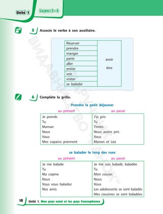 Leçons 3—4
Leçons 3—4
Unité 1. Mon pays natal et les pays francophones
5 Associe le verbe à son auxiliaire.
Réserver
avoir
être
prendre
manger
partir
aller
entrer
voir
visiter
se balader
6 Complète la grille.
Prendre le petit déjeuner
au présent au passé
Je prends
Tu
Maman
Nous
Vous
Mes copains prennent
J’ai pris
Tu
Timéo
Nous avons pris
Vous
Manon et Léa
se balader le long des rues
au présent au passé
Je me balade
Tu
Ma copine
Nous
Vous vous baladez
Nos amis
Je me suis baladé, baladée
Tu
Mon cousin
Nous
Vous
Les adolescents se sont baladés
Mes cousines se sont baladées
Unité 1
Unité 1
10
П
і
д
р
у
ч
н
и
к
В
и
д
а
в
н
и
ц
т
в
о
"
Р
а
н
о
к
"
 