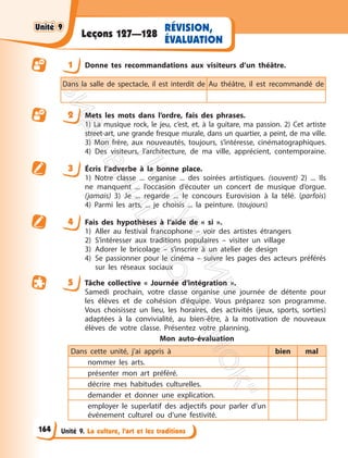 Unité 9. La culture, l’art et les traditions
RÉVISION,
ÉVALUATION
Leçons 127—128
1 Donne tes recommandations aux visiteurs d’un théâtre.
Dans la salle de spectacle, il est interdit de Au théâtre, il est recommandé de
2 Mets les mots dans l’ordre, fais des phrases.
1) La musique rock, le jeu, c’est, et, à la guitare, ma passion. 2) Cet artiste
street-art, une grande fresque murale, dans un quartier, a peint, de ma ville.
3) Mon frère, aux nouveautés, toujours, s’intéresse, cinématographiques.
4) Des visiteurs, l’architecture, de ma ville, apprécient, contemporaine.
3 Écris l’adverbe à la bonne place.
1) Notre classe ... organise ... des soirées artistiques. (souvent) 2) ... Ils
ne manquent ... l’occasion d’écouter un concert de musique d’orgue.
(jamais) 3) Je ... regarde ... le concours Eurovision à la télé. (parfois)
4) Parmi les arts, ... je choisis ... la peinture. (toujours)
4 Fais des hypothèses à l’aide de « si ».
1) Aller au festival francophone – voir des artistes étrangers
2) S’intéresser aux traditions populaires – visiter un village
3) Adorer le bricolage – s’inscrire à un atelier de design
4) Se passionner pour le cinéma – suivre les pages des acteurs préférés
sur les réseaux sociaux
5 Tâche collective « Journée d’intégration ».
Samedi prochain, votre classe organise une journée de détente pour
les élèves et de cohésion d’équipe. Vous préparez son programme.
Vous choisissez un lieu, les horaires, des activités (jeux, sports, sorties)
adaptées à la convivialité, au bien-être, à la motivation de nouveaux
élèves de votre classe. Présentez votre planning.
Mon auto-évaluation
Dans cette unité, j’ai appris à bien mal
nommer les arts.
présenter mon art préféré.
décrire mes habitudes culturelles.
demander et donner une explication.
employer le superlatif des adjectifs pour parler d’un
événement culturel ou d’une festivité.
Unité 9
Unité 9
164
П
і
д
р
у
ч
н
и
к
В
и
д
а
в
н
и
ц
т
в
о
"
Р
а
н
о
к
"
 