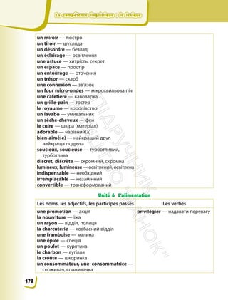 La compétence linguistique : le lexique
La compétence linguistique : le lexique
un miroir — люстро
un tiroir — шухляда
un désordre — безлад
un éclairage — освітлення
unе astuce — хитрість, секрет
un espace — простір
un entourage — оточення
un trésor — скарб
une connexion — зв’язок
un four micro-ondes — мікрохвильова піч
une cafetière — кавоварка
un grille-pain — тостер
le royaume — королівство
un lavabo — умивальник
un sèche-cheveux — фен
le cuire — шкіра (матеріал)
аdorable — чарівний(а)
bien-aimé(е) — найкращий друг,
найкраща подруга
soucieux, soucieuse — турботливий,
турботлива
discret, discrète — скромний, скромна
lumineux, lumineuse — освітлений, освітлена
indispensable — необхідний
irremplaçable — незамінний
convertible — трансформований
Unité 6 L’alimentation
Les noms, les adjectifs, les participes passés Les verbes
une promotion — акція
la nourriture — їжа
un rayon — відділ, полиця
la charcuterie — ковбасний відділ
une framboise — малина
une épice — спеція
un poulet — курятина
le charbon — вугілля
la croûte — шкоринка
un consommateur, une consommatrice —
споживач, споживачка
privilégier — надавати перевагу
172
П
і
д
р
у
ч
н
и
к
В
и
д
а
в
н
и
ц
т
в
о
"
Р
а
н
о
к
"
 