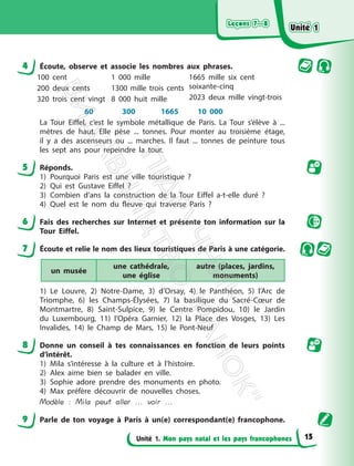 Leçons 7—8
Leçons 7—8
Unité 1. Mon pays natal et les pays francophones
4 Écoute, observe et associe les nombres aux phrases.
100 cent
200 deux cents
320 trois cent vingt
1 000 mille
1300 mille trois cents
8 000 huit mille
1665 mille six cent
soixante-cinq
2023 deux mille vingt-trois
60 300 1665 10 000
La Tour Eiffel, c’est le symbole métallique de Paris. La Tour s’élève à ...
mètres de haut. Elle pèse ... tonnes. Pour monter au troisième étage,
il y a des ascenseurs ou ... marches. Il faut ... tonnes de peinture tous
les sept ans pour repeindre la tour.
5 Réponds.
1) Pourquoi Paris est une ville touristique ?
2) Qui est Gustave Eiffel ?
3) Combien d’ans la construction de la Tour Eiffel a-t-elle duré ?
4) Quel est le nom du fleuve qui traverse Paris ?
6 Fais des recherches sur Internet et présente ton information sur la
Tour Eiffel.
7 Écoute et relie le nom des lieux touristiques de Paris à une catégorie.
un musée
une cathédrale,
une église
autre (places, jardins,
monuments)
1) Le Louvre, 2) Notre-Dame, 3) d’Orsay, 4) le Panthéon, 5) l’Arc de
Triomphe, 6) les Champs-Élysées, 7) la basilique du Sacré-Cœur de
Montmartre, 8) Saint-Sulpice, 9) le Centre Pompidou, 10) le Jardin
du Luxembourg, 11) l’Opéra Garnier, 12) la Place des Vosges, 13) Les
Invalides, 14) le Champ de Mars, 15) le Pont-Neuf
8 Donne un conseil à tes connaissances en fonction de leurs points
d’intérêt.
1) Mila s’intéresse à la culture et à l’histoire.
2) Alex aime bien se balader en ville.
3) Sophie adore prendre des monuments en photo.
4) Max préfère découvrir de nouvelles choses.
Modèle : Mila peut aller ... voir ...
9 Parle de ton voyage à Paris à un(e) correspondant(e) francophone.
Unité 1
Unité 1
15
П
і
д
р
у
ч
н
и
к
В
и
д
а
в
н
и
ц
т
в
о
"
Р
а
н
о
к
"
 