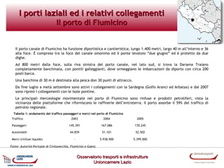 I porti laziali ed i relativi collegamenti
Il porto di Fiumicino

Il porto canale di Fiumicino ha funzione diportistica e cantieristica; lungo 1.400 metri, largo 40 m all’interno e 36
alla foce. È compreso tra la foce del canale omonimo ed il ponte levatoio “due giugno” ed è protetto da due
dighe.
Ad 800 metri dalla foce, sulla riva sinistra del porto canale, nel lato sud, si trova la Darsena Traiano
completamente banchinata, con pontili galleggianti, dove ormeggiano le imbarcazioni da diporto con circa 200
posti barca.
Una banchina di 30 m è destinata alla pesca don 30 punti di attracco.
Da fine luglio a metà settembre sono attivi i collegamenti con la Sardegna (Golfo Aranci ed Arbatax) e dal 2007
sono ripresi i collegamenti con le isole pontine.
Le principali merceologie movimentate nel porto di Fiumicino sono rinfuse e prodotti petroliferi, vista la
vicinanza delle piattaforme che riforniscono le raffinerie dell’entroterra. Il porto assorbe il 59% del traffico di
petrolio regionale.
Tabella 1: andamento del traffico passeggeri e merci nel porto di Fiumicino
Traffico

2003

2004

2005

Passeggeri

145.391

167.086

170.245

Automobili

44.839

51.101

52.502

-

5.938.900

5.399.000

Merci (rinfuse liquide)

Fonte: Autorità Portuale di Civitavecchia, Fiumicino e Gaeta

Osservatorio trasporti e infrastrutture
Unioncamere Lazio

 
