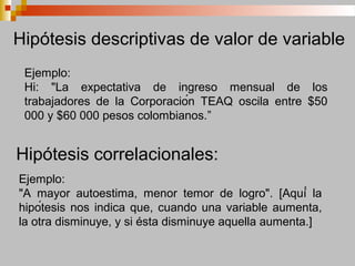 Ejemplo:
Hi: "La expectativa de ingreso mensual de los
trabajadores de la Corporación TEAQ oscila entre $50
000 y $60 000 pesos colombianos.”
Hipótesis descriptivas de valor de variable
Hipótesis correlacionales:
Ejemplo:
"A mayor autoestima, menor temor de logro". [Aquí́ la
hipótesis nos indica que, cuando una variable aumenta,
la otra disminuye, y si ésta disminuye aquella aumenta.]
 