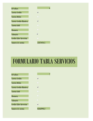 Id Codigo:                              6
Tarjeta Credito
Tarjeta Debito
Tarjeta Credito Hipoteca
Tarjeta Gold
Chequera
Talonario
Credito Libre Inversion
Numero de cuenta:          25876934-5




 FORMULARIO TABLA SERVICIOS
Id Codigo:                              7
Tarjeta Credito
Tarjeta Debito
Tarjeta Credito Hipoteca
Tarjeta Gold
Chequera
Talonario
Credito Libre Inversion
Numero de cuenta:          02468998-2
 