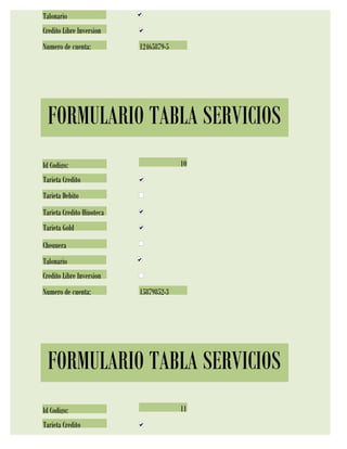 Talonario
Credito Libre Inversion
Numero de cuenta:          12465879-5




 FORMULARIO TABLA SERVICIOS
Id Codigo:                              10
Tarjeta Credito
Tarjeta Debito
Tarjeta Credito Hipoteca
Tarjeta Gold
Chequera
Talonario
Credito Libre Inversion
Numero de cuenta:          15879852-3




 FORMULARIO TABLA SERVICIOS
Id Codigo:                              11
Tarjeta Credito
 