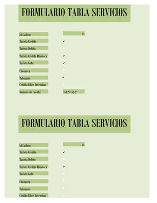 FORMULARIO TABLA SERVICIOS
Id Codigo:                              13
Tarjeta Credito
Tarjeta Debito
Tarjeta Credito Hipoteca
Tarjeta Gold
Chequera
Talonario
Credito Libre Inversion
Numero de cuenta:          35425452-2




 FORMULARIO TABLA SERVICIOS
Id Codigo:                              14
Tarjeta Credito
Tarjeta Debito
Tarjeta Credito Hipoteca
Tarjeta Gold
Chequera
Talonario
Credito Libre Inversion
 