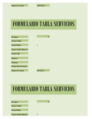Numero de cuenta:          21891245-6




 FORMULARIO TABLA SERVICIOS
Id Codigo:                              15
Tarjeta Credito
Tarjeta Debito
Tarjeta Credito Hipoteca
Tarjeta Gold
Chequera
Talonario
Credito Libre Inversion
Numero de cuenta:          02545215-7




 FORMULARIO TABLA SERVICIOS
Id Codigo:                              16
Tarjeta Credito
Tarjeta Debito
Tarjeta Credito Hipoteca
 