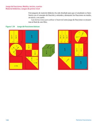 Juego de fracciones. Medios, tercios, cuartos 
Material didáctico. Juegos de primer nivel 
Este paquete de material didáctico ha sido diseñado para que el estudiante se fami-liarice 
con el concepto de fracción y entienda y demuestre las fracciones un medio, 
un tercio y un cuarto. 
Las instrucciones para utilizar el material como juego de fracciones se encuen-tran 
al final de este libro. 
Figura 1.34 Juego de fracciones básicas 
4 
13 
4 
1 
4 
1 
1 
14 
14 14 
1 
14 
12 
3 
1 
1 
3 
14 
1 
13 13 
1 
14 
2 
1 
13 
14 
1 
2 
14 
13 
144 Números Fraccionarios 
 