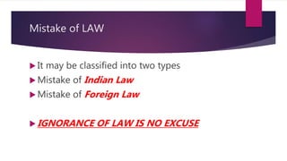 Mistake of LAW
 It may be classified into two types
 Mistake of Indian Law
 Mistake of Foreign Law
 IGNORANCE OF LAW IS NO EXCUSE
 