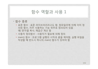 함수 역할과 사용 1 
• 함수 종류 
• 표준 함수 : 표준 라이브러리라고도 함. 컴파일러에 의해 이미 정 
의된 함수, 자주 사용하는 기능 위주로 정의되어 있음 
예) 문자열 복사, 제곱근 계산 등 
• 사용자 정의함수 : 사용자가 필요에 의해 정의 
• main() 함수 : 프로그램 실행의 시작과 끝을 제어함, 실행 파일을 
작성할 때 반드시 하나의 main() 함수가 있어야 함 
5/32 
 