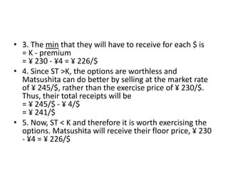 • 3. The min that they will have to receive for each $ is
= K - premium
= ¥ 230 - ¥4 = ¥ 226/$
• 4. Since ST >K, the options are worthless and
Matsushita can do better by selling at the market rate
of ¥ 245/$, rather than the exercise price of ¥ 230/$.
Thus, their total receipts will be
= ¥ 245/$ - ¥ 4/$
= ¥ 241/$
• 5. Now, ST < K and therefore it is worth exercising the
options. Matsushita will receive their floor price, ¥ 230
- ¥4 = ¥ 226/$
 