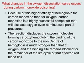 What changes in the oxygen dissociation curve occurs
during carbon monoxide poisoning?
• Because of this higher affinity of hemoglobin for
carbon monoxide than for oxygen, carbon
monoxide is a highly successful competitor that
will displace oxygen even at minuscule partial
pressures.
• The reaction displaces the oxygen molecules
forming carboxyhemoglobin; the binding of the
carbon monoxide to the iron Centre of
hemoglobin is much stronger than that of
oxygen, and the binding site remains blocked for
the remainder of the life cycle of that effected red
blood cell
 