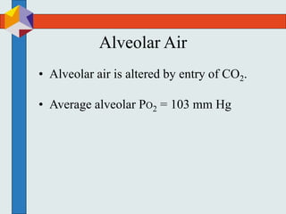 Alveolar Air
• Alveolar air is altered by entry of CO2.
• Average alveolar PO2 = 103 mm Hg
 